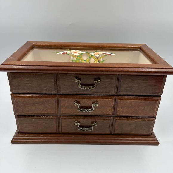 Vintage Jewelry Vintage Wooden Medium Jewelry Box Glass Top Floral